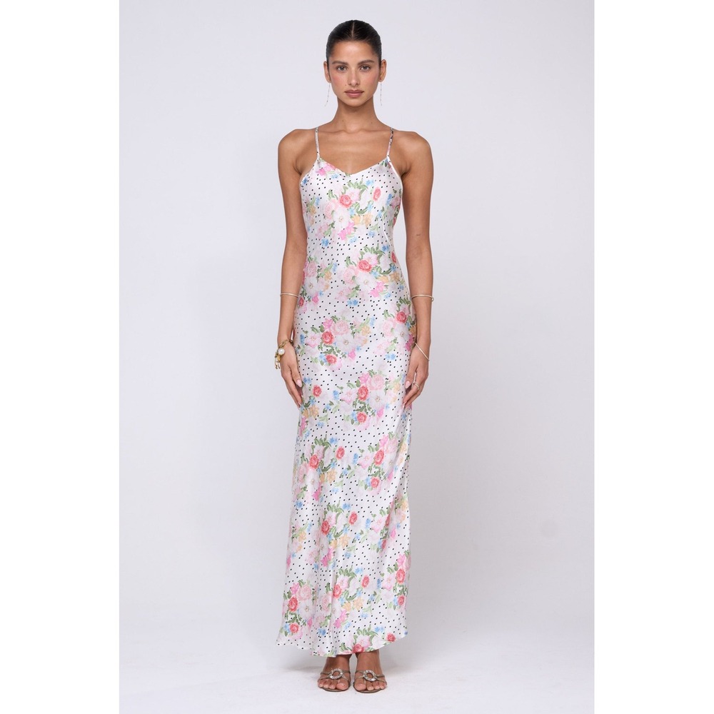 Resa Vida Dress in Pois Floral Polka Dot Maxi Bias Cut Slip Dress Medium NWT